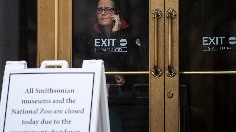 A US government employee talks on the phone as she looks out of a closed Smithsonian museum in Washington, DC on January 18, 2019