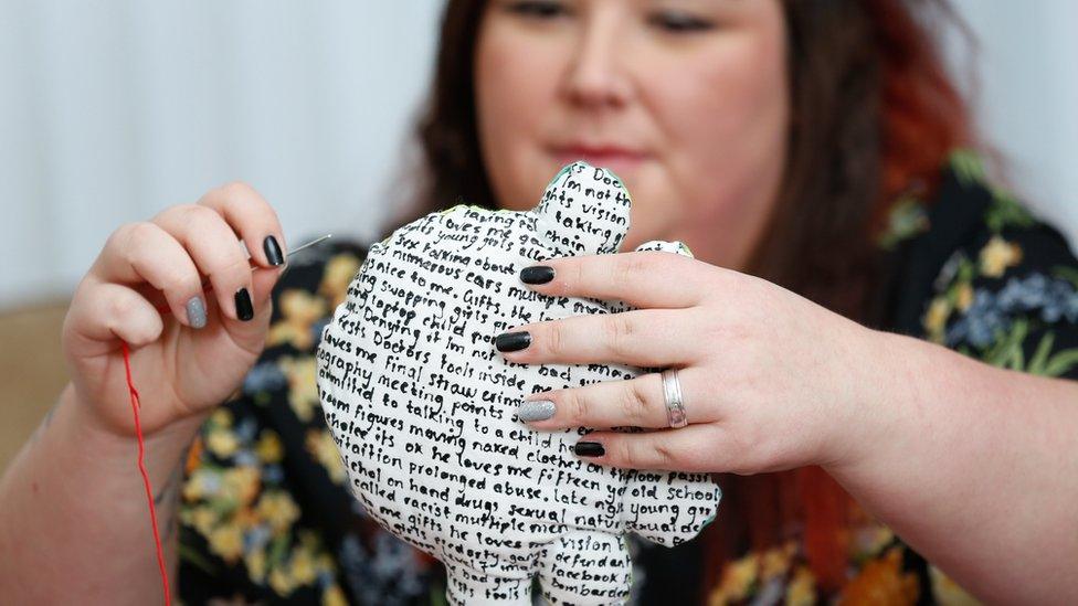 Jemma, working on one of her cushions as part of her masters project on child abuse