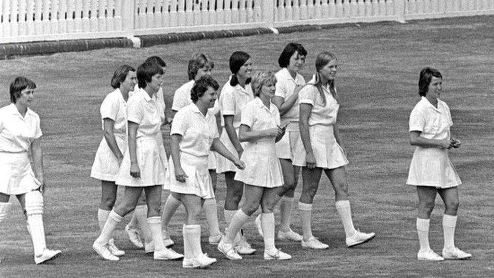 Rachael Heyhoe Flint leads the England Women team out to field during the 2nd One Day International between England Women and Australia Women at Lord's Cricket Ground, London, 4th August 1976.