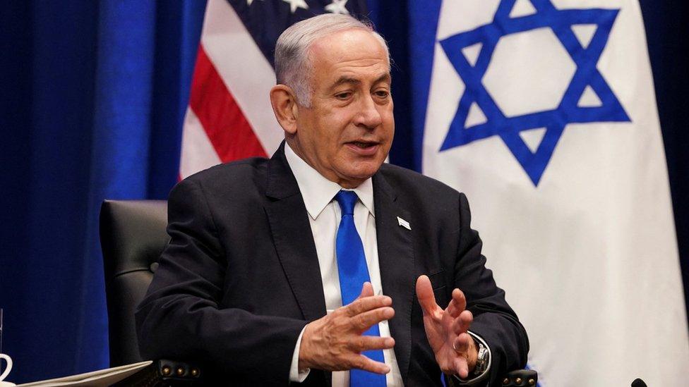 Israeli Prime Minister Benjamin Netanyahu talks during a meeting with US President Joe Biden in New York City (20 September 2023)