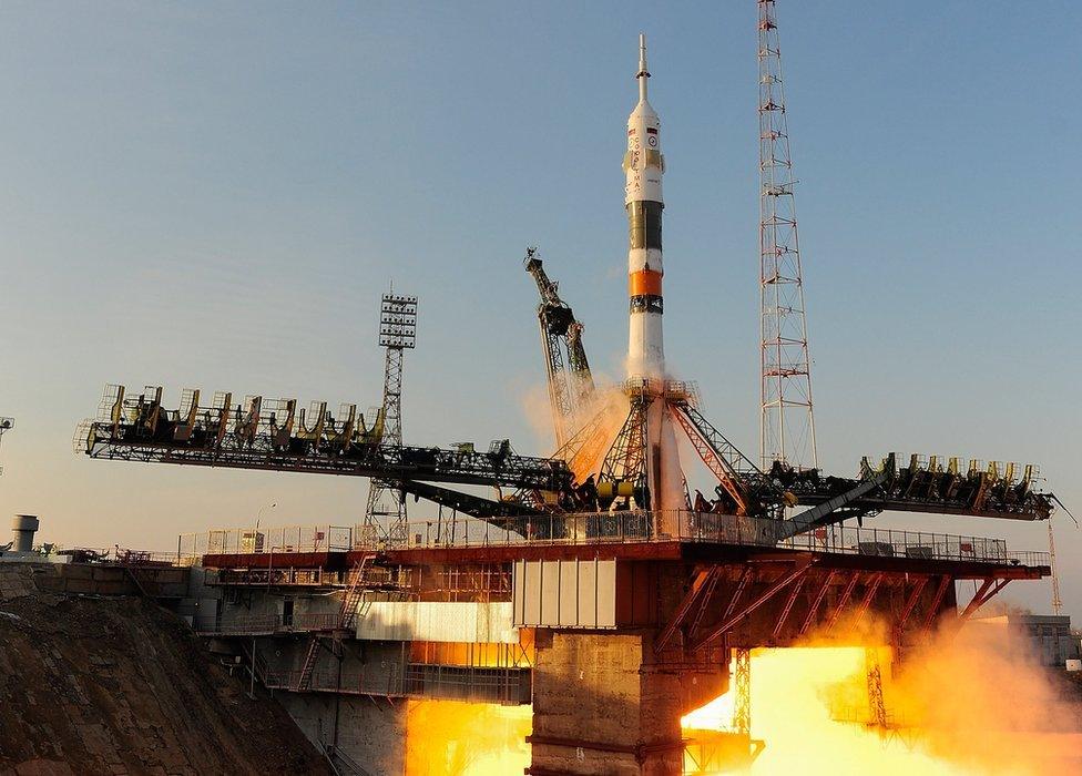 The Soyuz spacecraft taking off - handout image supplied by the European Space Agency (ESA)