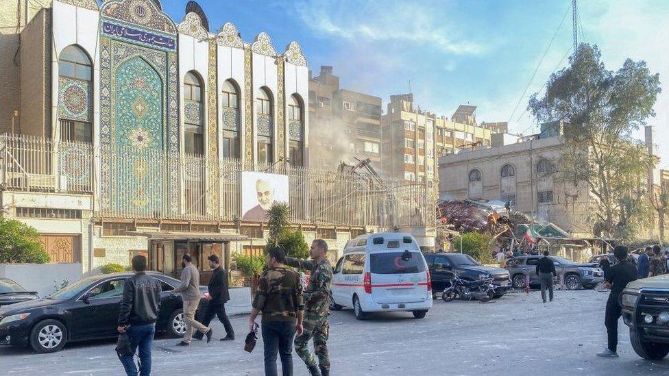 Photo showing aftermath of air strike that destroyed building next to Iranian embassy in Damascus, Syria (1 April 2024)