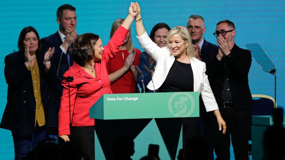 Sinn Féin leader Mary Lou McDonald with vice-president Michelle O'Neill at the party's conference in Dublin last year