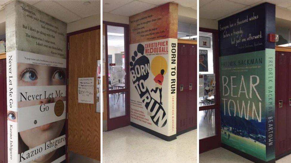 Photograph showing two murals in the corridor of Mundelein High School