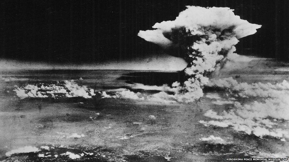 Hiroshima mushroom cloud after the first atomic bomb was dropped by a US Air Force B-29