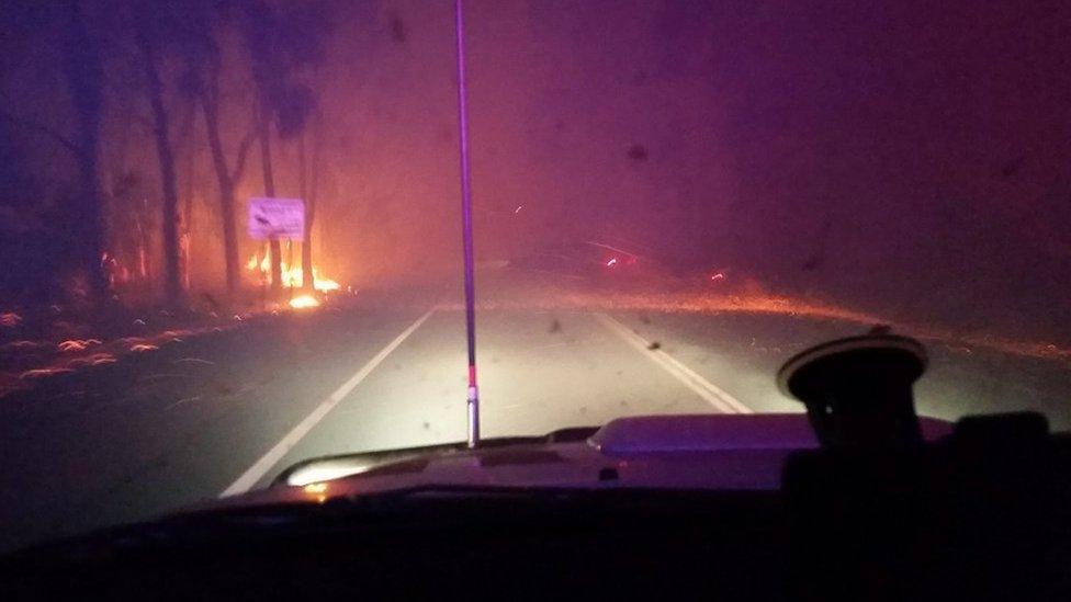 View from a vehicle of a bushfire in Waroona, Western Australia (08 January 2016)