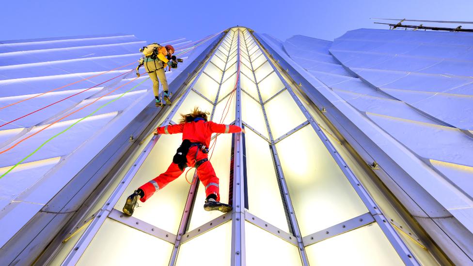 Jared Leto climbs The Empire State Building on November 08, 2023 in New York City