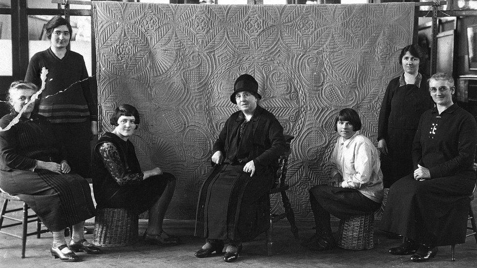 Teachers and pupils at a quilting class held in Aberdare Technical College around 1928-1929