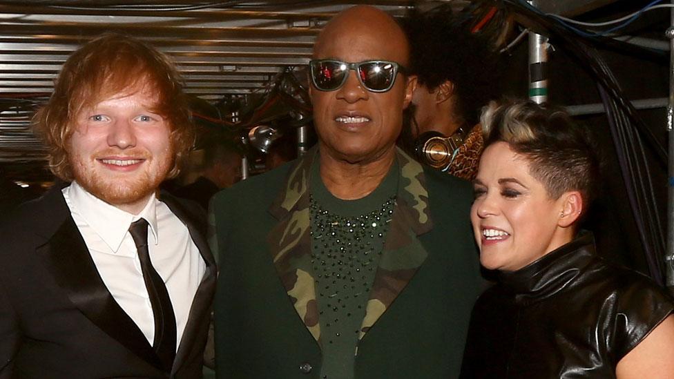 Amy Wadge with Ed Sheeran and Stevie Wonder at the Grammy awards