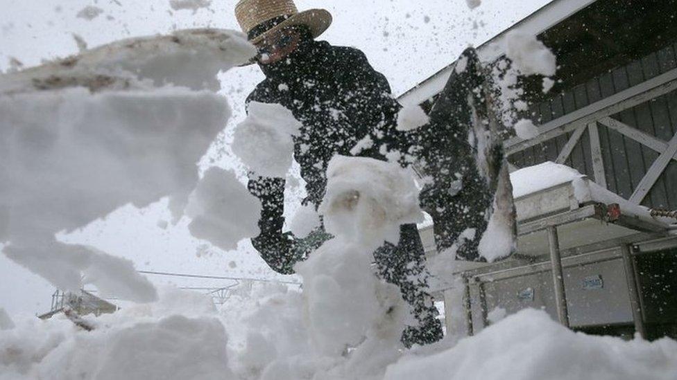 A man shovels snow in Mechanicswville. Maryland. Photo: 23 January 2016