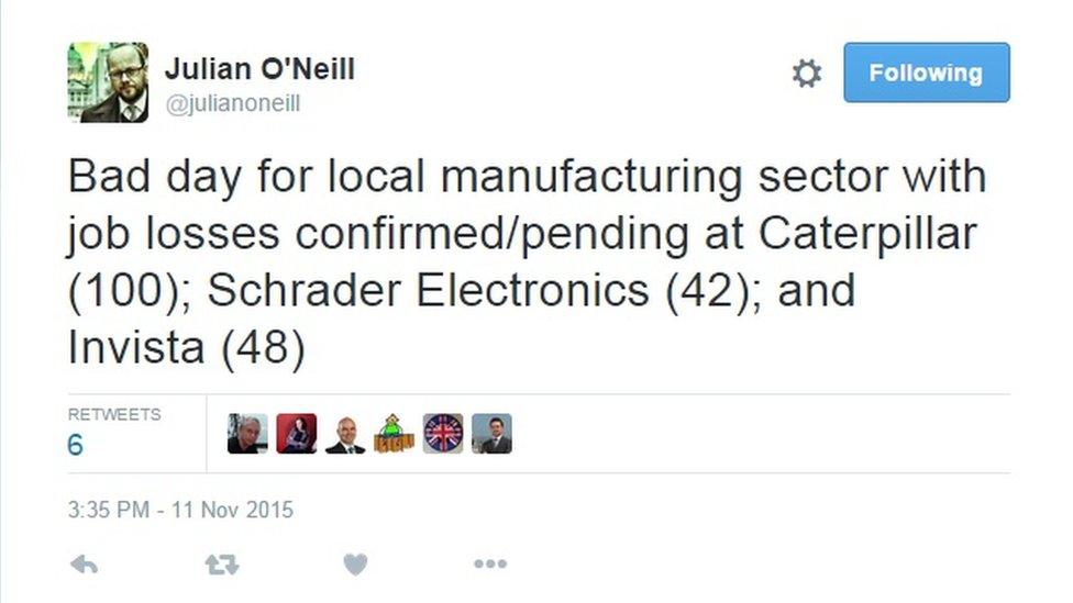 Bad day for local manufacturing sector with job losses confirmed/pending at Caterpillar (100); Schrader Electronics (42); and Invista (48)