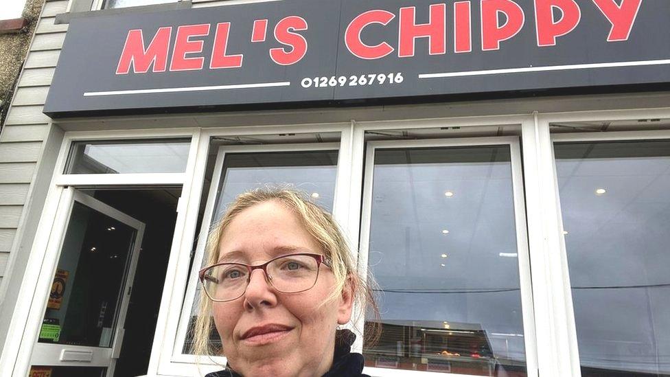 Sarah Lewis outside Mel's Chippy