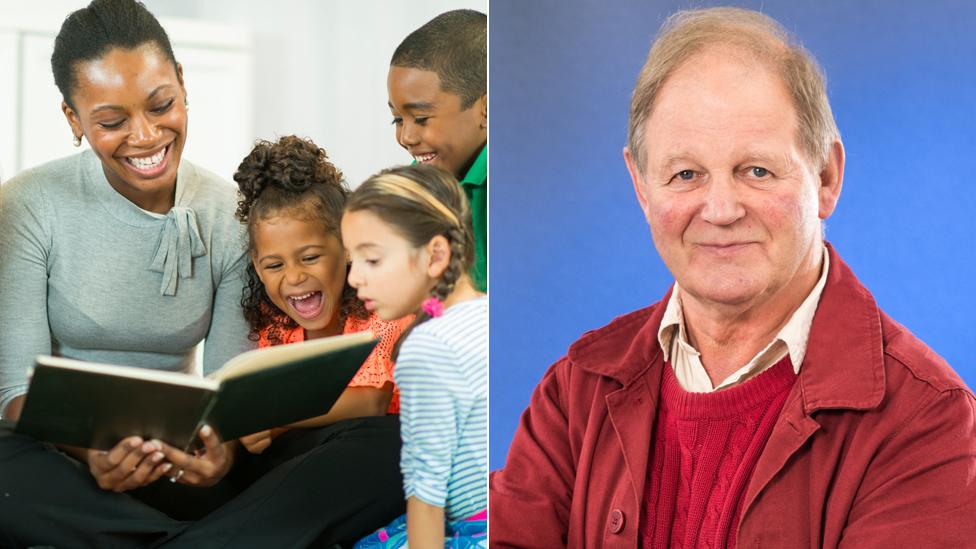 Woman reading to children and Michael Morpurgo