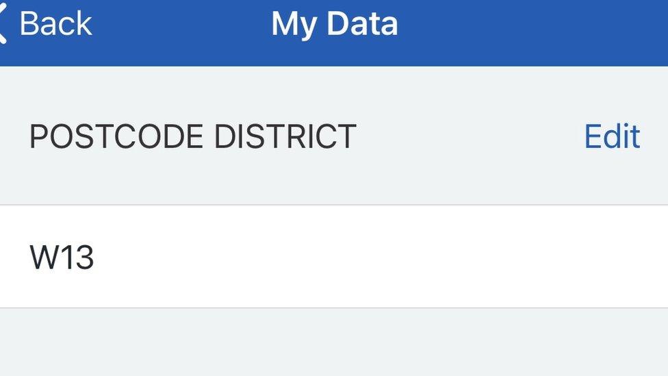 postcode edit screen in "my data" on app