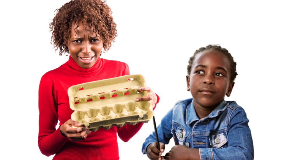 A woman holding an egg box and a schoolgirl holding a pencil - generic shot