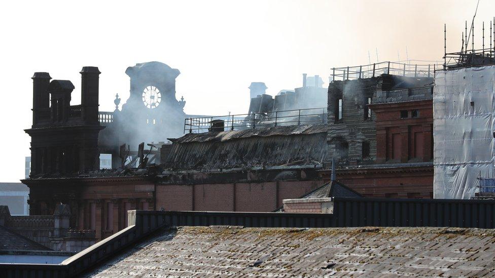 The damaged roof of the Bank Buildings in Belfast city centre