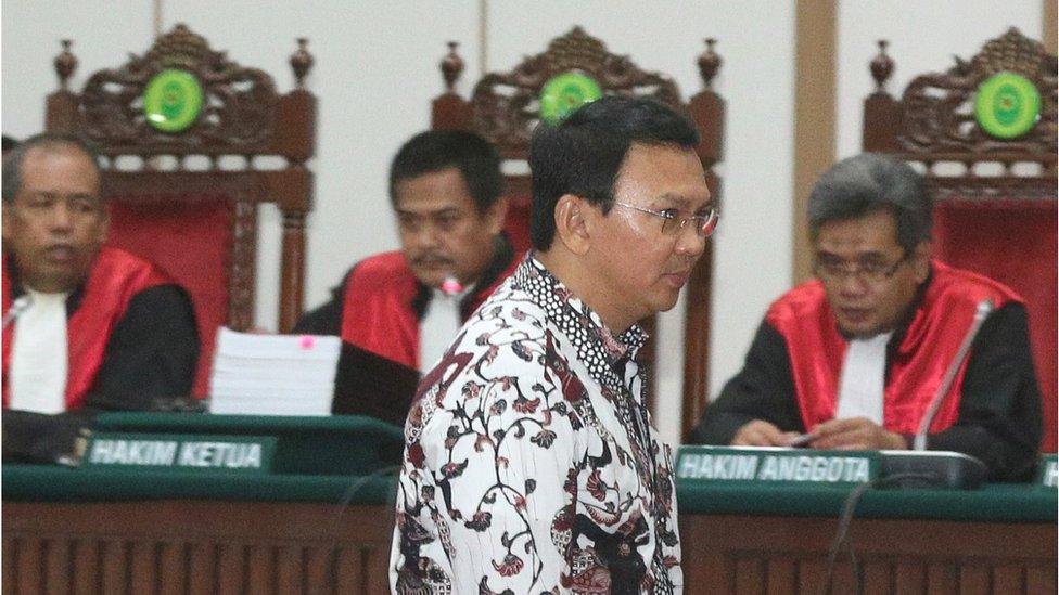 "Ahok" in court, with judges behind, in Jakarta, Indonesia, on 13 February 2017.