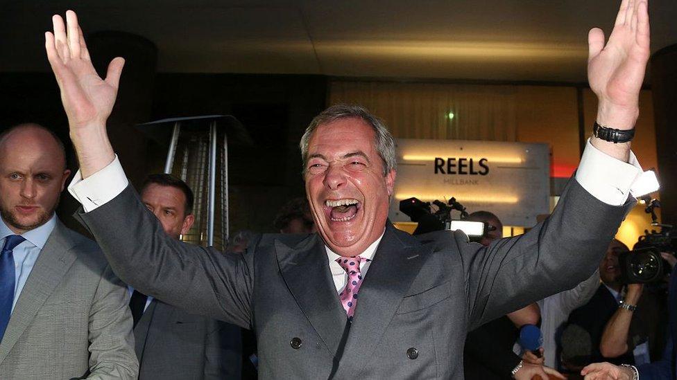 Leader of the United Kingdom Independence Party (UKIP), Nigel Farage reacts to the UK's Brexit vote; 24 June 2016