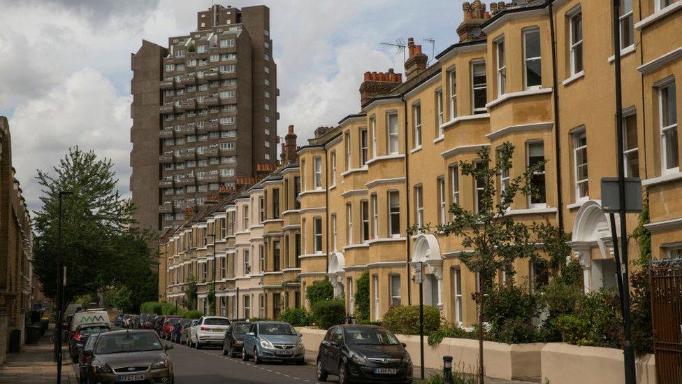 Tower block and houses in London