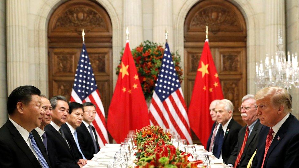 US President Donald Trump, US Secretary of State Mike Pompeo, US President Donald Trump's national security adviser John Bolton and Chinese President Xi Jinping attend a working dinner after the G20 leaders summit in Buenos Aires, Argentina, 1 December