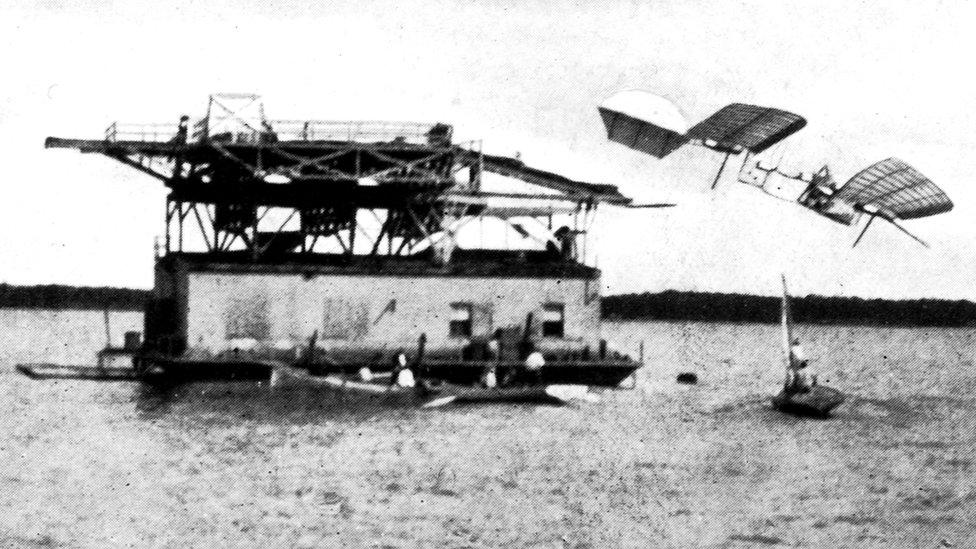 The Langley Aerodrome crashes into a river after a failed launch from a boat