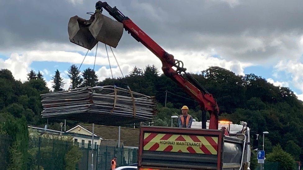 flood scheme work materials being delivered in Strabane