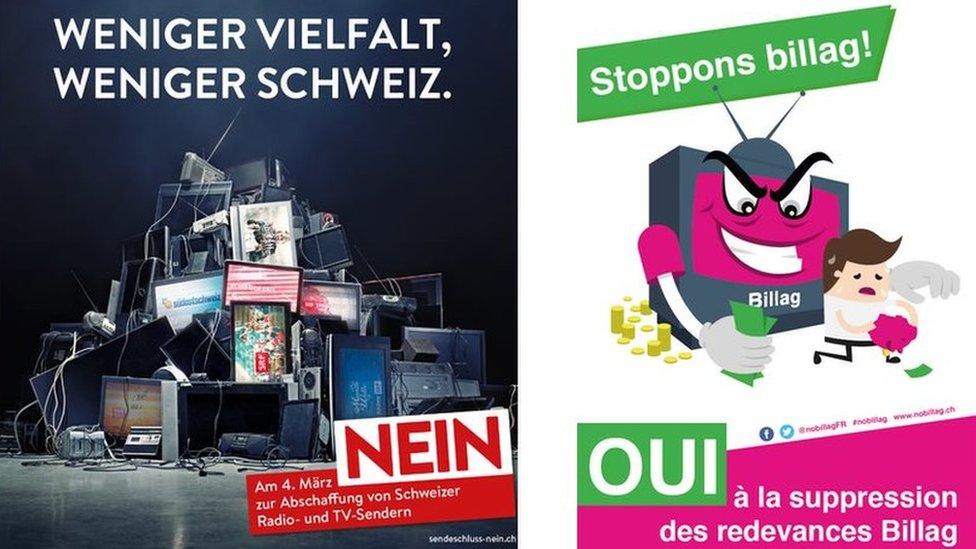 Posters against and in favour of axing the Swiss TV license