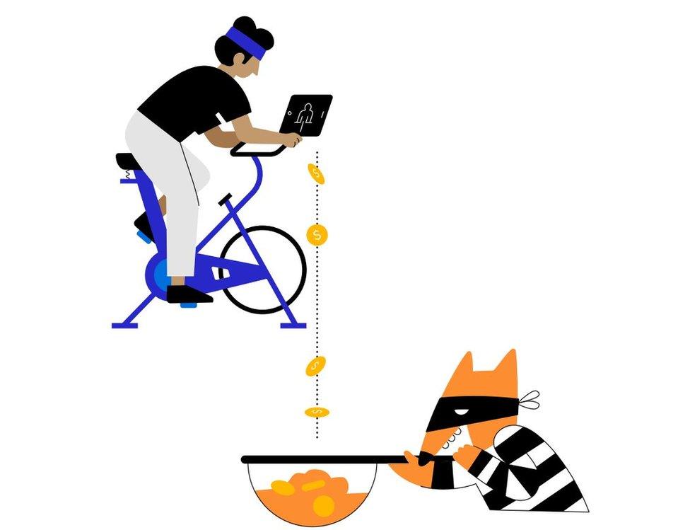 A cartoon fox, wearing a bandana and black-and-white-striped prisoner clothing, giggles to itself as it catches money from a human on a smart exercise bike