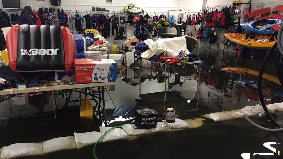 Flood waters inside a business at Kinnego Marina on the shore of Lough Neagh