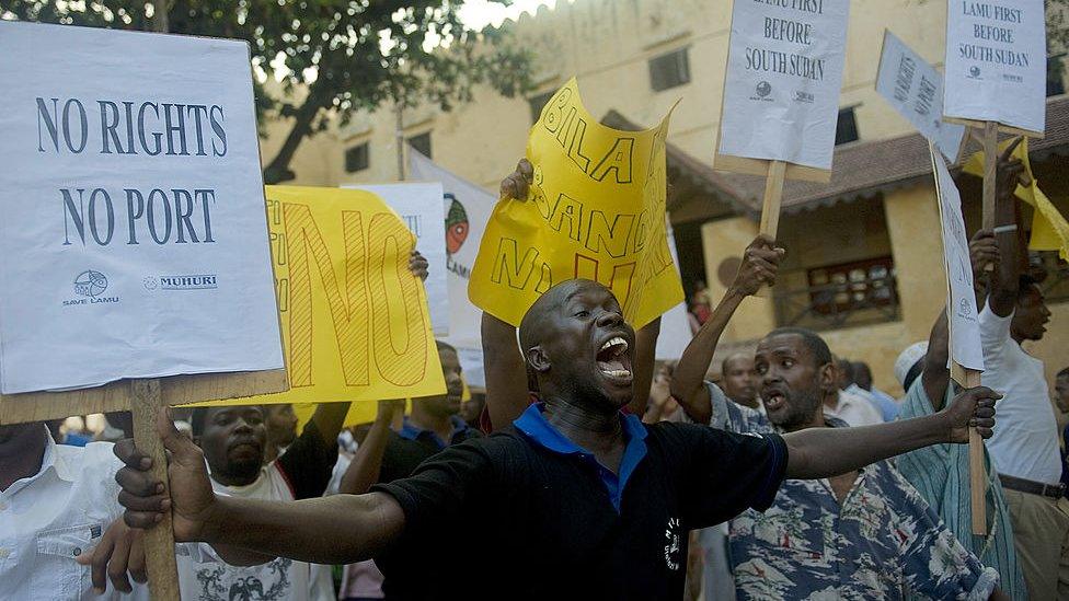 Residents of Lamu demonstrate on March 1, 2012 against a planned huge port to be constructed near the UNESCO-listed isle