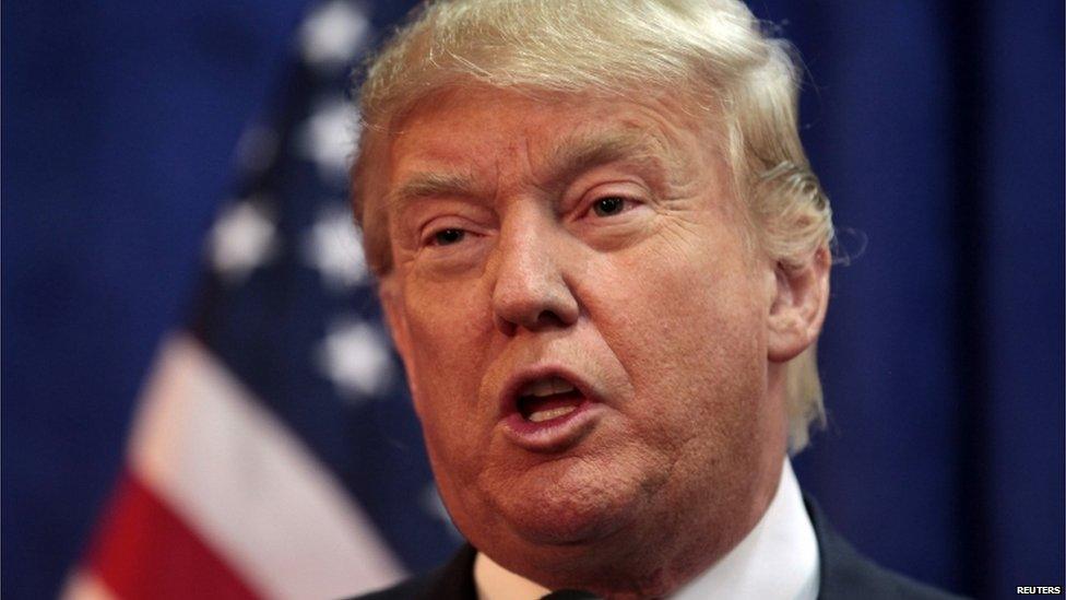 Republican presidential hopeful Donald Trump talks to the media before giving the key note speech at the Republican Party Lincoln Day event in Birch Run, Michigan, 11 August 2015