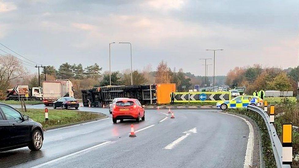 The overturned lorry on the A11 at Thetford