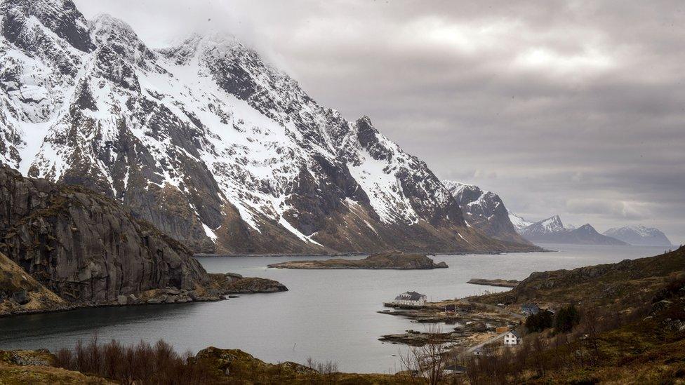 View taken on April 17, 2015 of a Fjord near Unstad beach, in the Lofoten Islands within the Arctic Circle