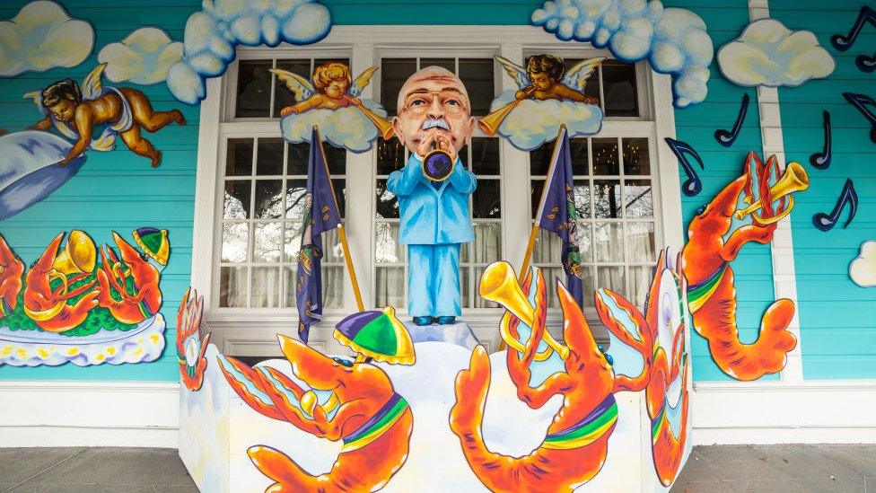 View of restaurant Commander's Palace decorated in honor of former New Orleans resident and jazz clarinetist Pete Fountain on January 24, 2021 in New Orleans, Louisiana