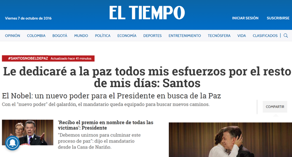 This picture shows a screengrab of El Tiempo's online story about President Santos winning the Nobel Peace Prize