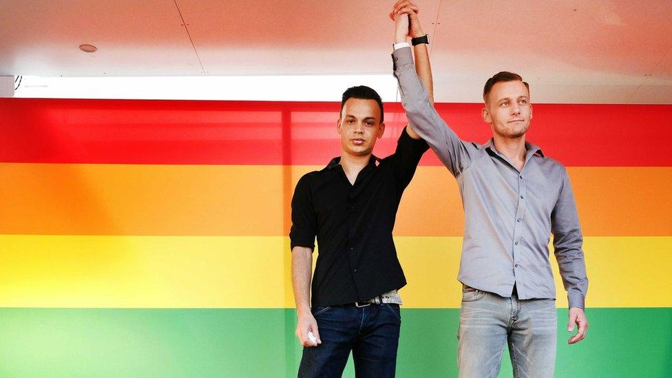 Ronnie Sewratan-Vernes (L) and Jasper Vernes-Sewratan (R) take the stage during the ‘Hand in Hand for Diversity’ demonstration in Arnhem, the Netherlands, 08 April 2017