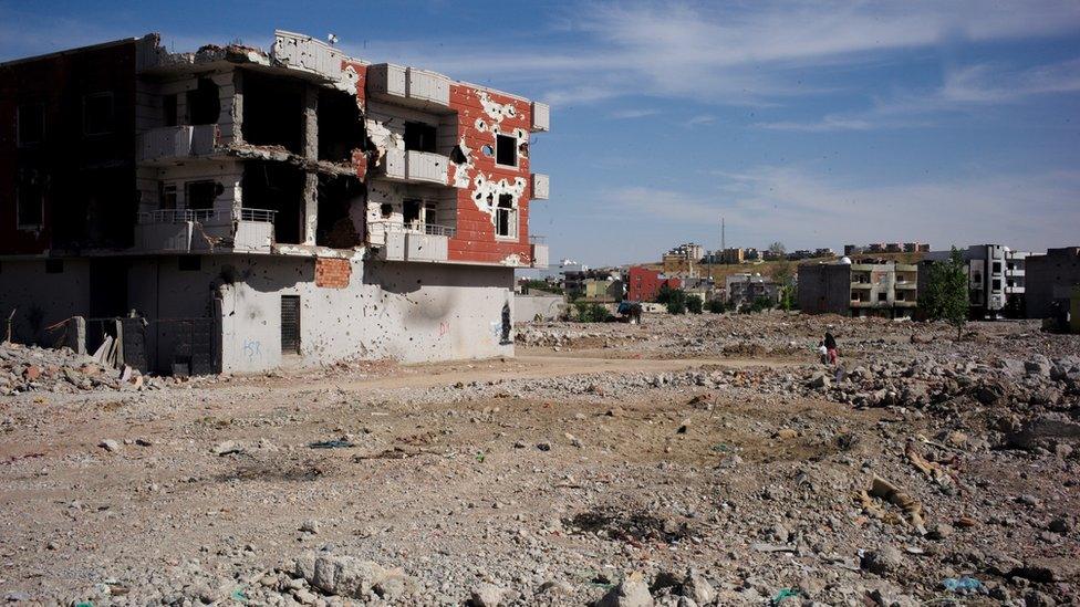 Badly damaged building in Cizre, Turkey - May 2016