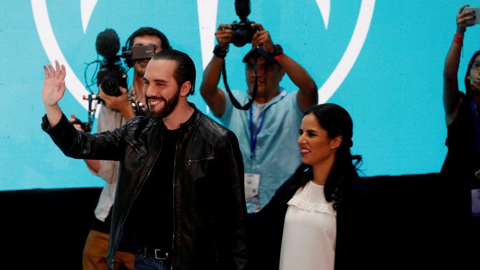 Nayib Bukele and his wife Gabriele de Bukele greet supporters in San Salvador, El Salvador, 3 February 2019