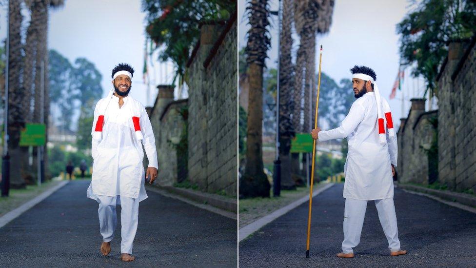 Two pictures of men in Oromo clothes