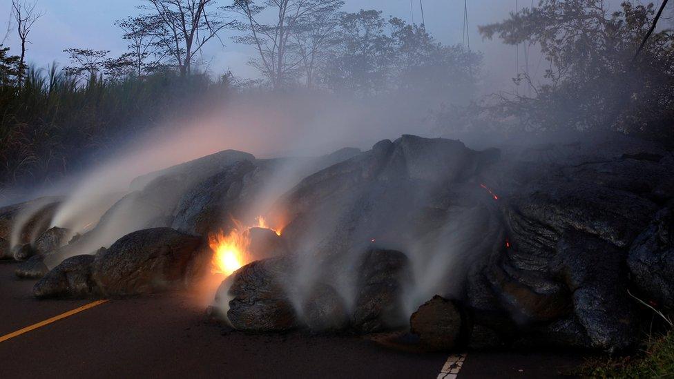 Volcanic gases rise from the Kilauea lava flow that crossed Pohoiki Road near Highway 132, near Pahoa, Hawaii, US on 28 May 2018