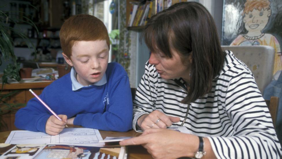 Mother and son doing schoolwork at home