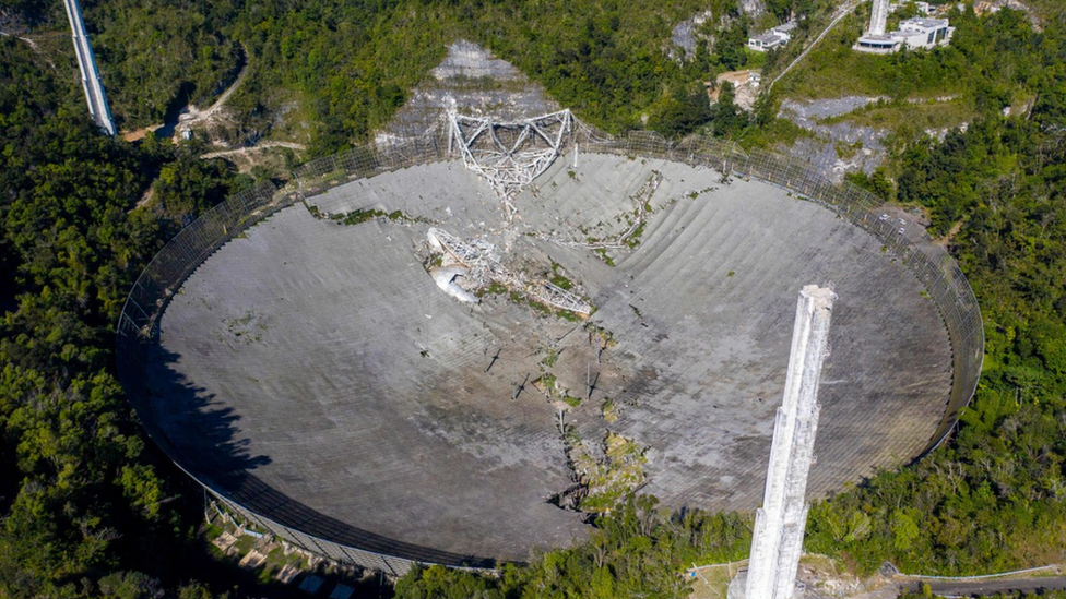 A damaged radio telescope in Puerto Rico.