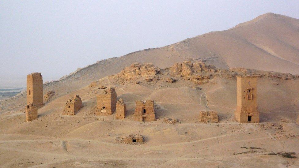 Funerary towers on a hill outside the ancient city of Palmyra, Syria (4 August 2010)