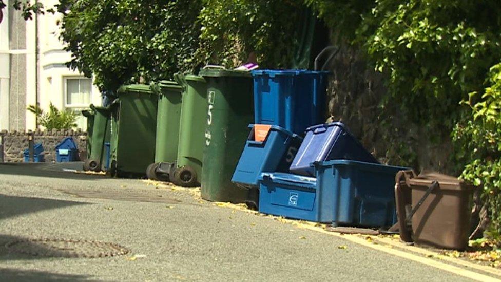 Bins and recycling boxes left out in a student area of Bangor