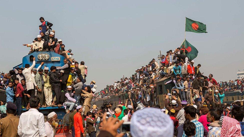 Devotees hoping to get back home from the Ijtema after Akheri Monazat (the final prayer) crowd the station, the platforms, some riding in and some on a train. The Bishwa Ijtema or World Congregation is an annual Tablighi Jamaat Islamic congregation held in Tongi by the Turag River