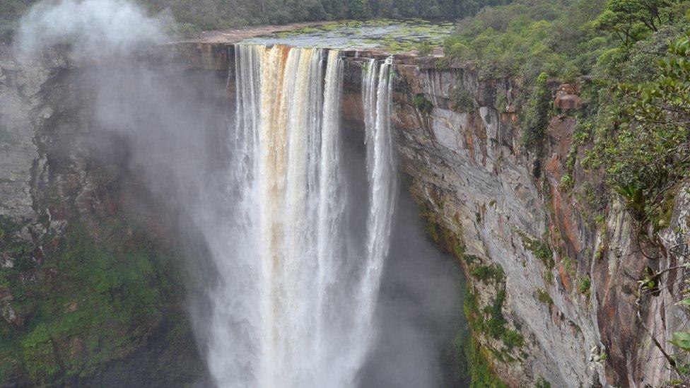 741-foot high Kaieteur Falls in Guyana"s verdant rain forest