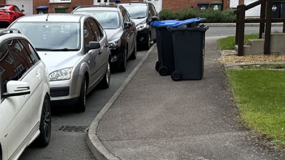 Cars parked next to bins