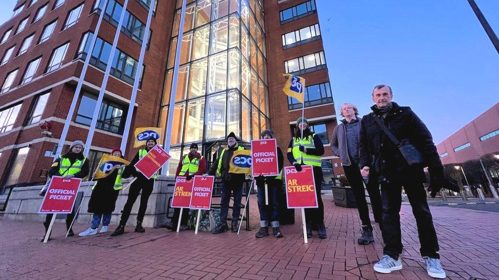 PCS picket line in Cardiff Bay