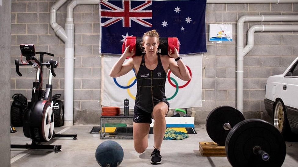 Australian Olympic Kayaker Jo Brigden-Jones trains in isolation in her garage at home on April 21, 2020 in Sydney, Australia. Athletes across the country are now training in isolation under strict policies in place due to the Covid-19 pandemic