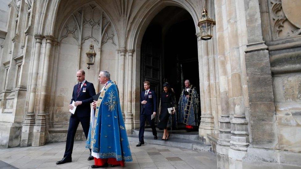 The Duke of Cambridge, Prince Harry and Meghan Markle leave Westminster Abbey